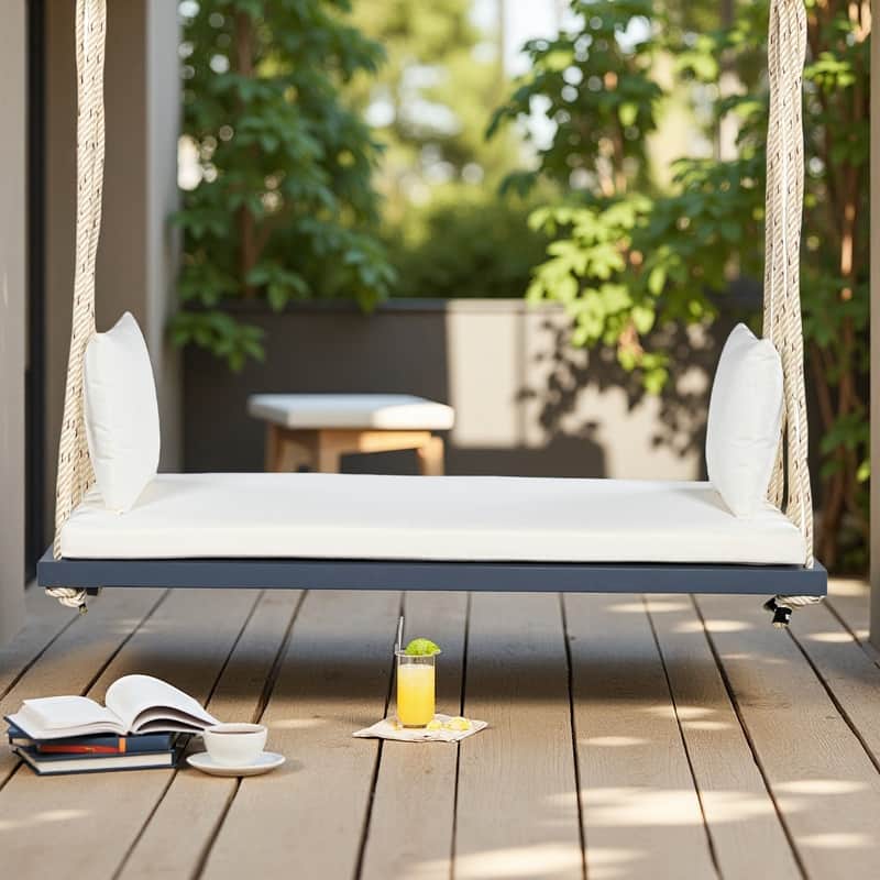 Acacia Wood Porch Swing Chair with Cushion and Pillows 10.8ft Hemp Ropes, 400lb Capacity