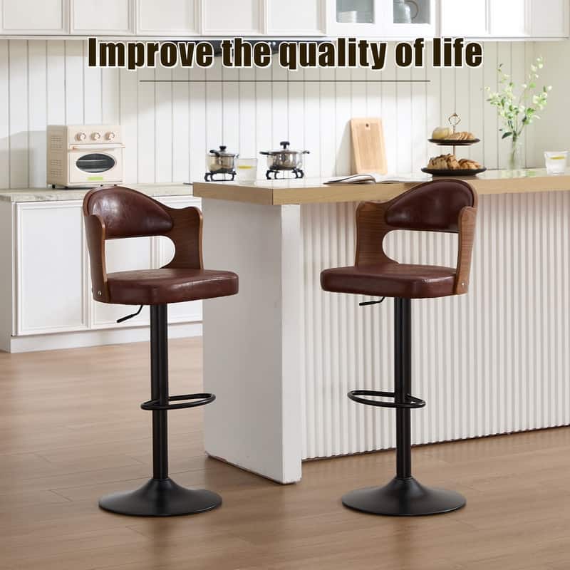 PU Leather Upholstered High-resilience Cushion 360° Swivel Adjustable Height Bar Stools with Footrest(set of 2)