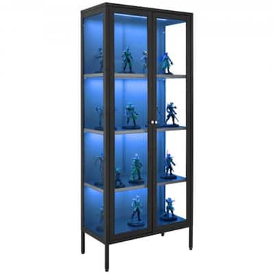 4-Tier Curio Cabinet with Tempered Glass Doors and Adjustable LED Lights and Sturdy Steel Frame - 27.99” × 14” × 66”