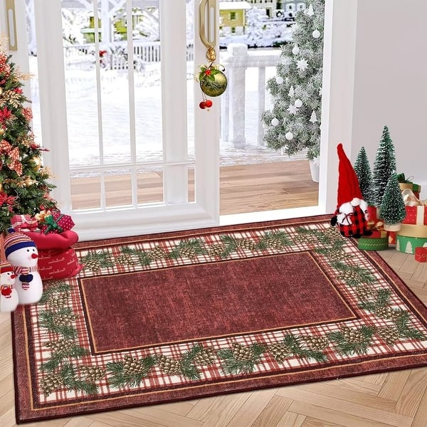 Christmas Washable Area Rug Xmas Pine Cones Rug Plaid Rugs for