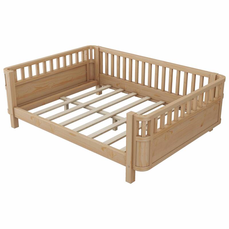 Wood Platform Bed for Kids, Low Profile Wooden Full Bed with Rails