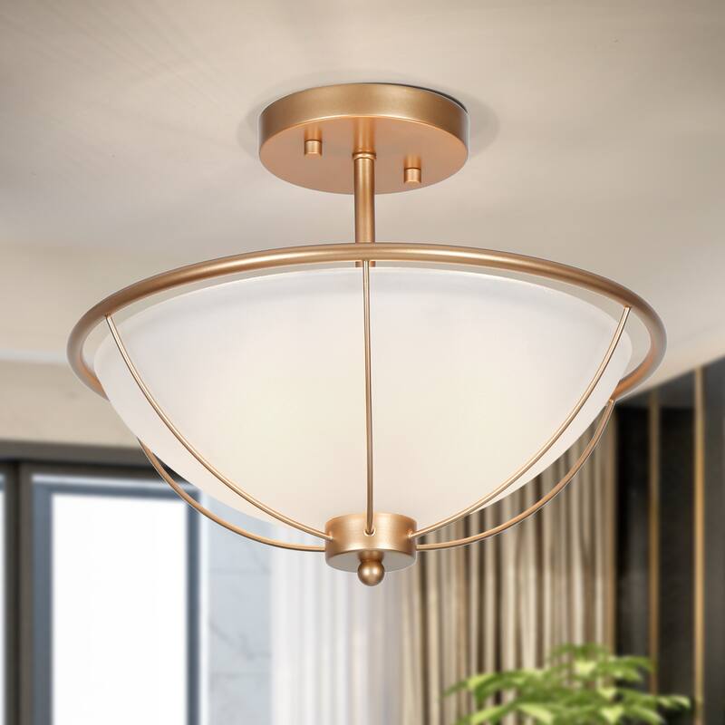 Mid-Century Modern 3-Light Gold Semi-Flush Mount Ceiling Frosted Glass Light for Kitchen - 13" D x 11" H