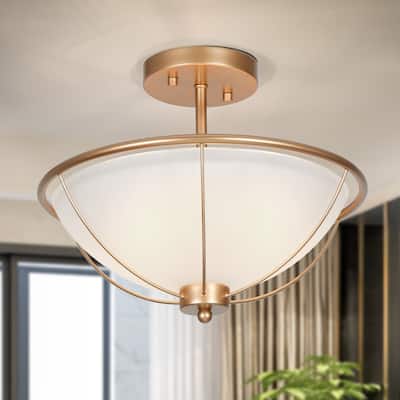 Mid-Century Modern 3-Light Gold Semi-Flush Mount Ceiling Frosted Glass Light for Kitchen - 13" D x 11" H