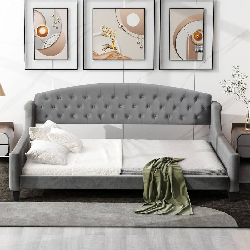 Luxury Velvet Living Room Daybed, Wooden Platform Sofa Bed with Tufted Button Backrest - Gray - Full