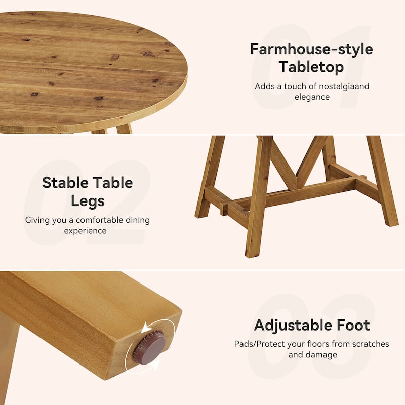 47 Inch Round Solid Wood Dining Table for 4-6, Farmhouse Kitchen Table - 47.24" D x 47.24" W x 29.53" H