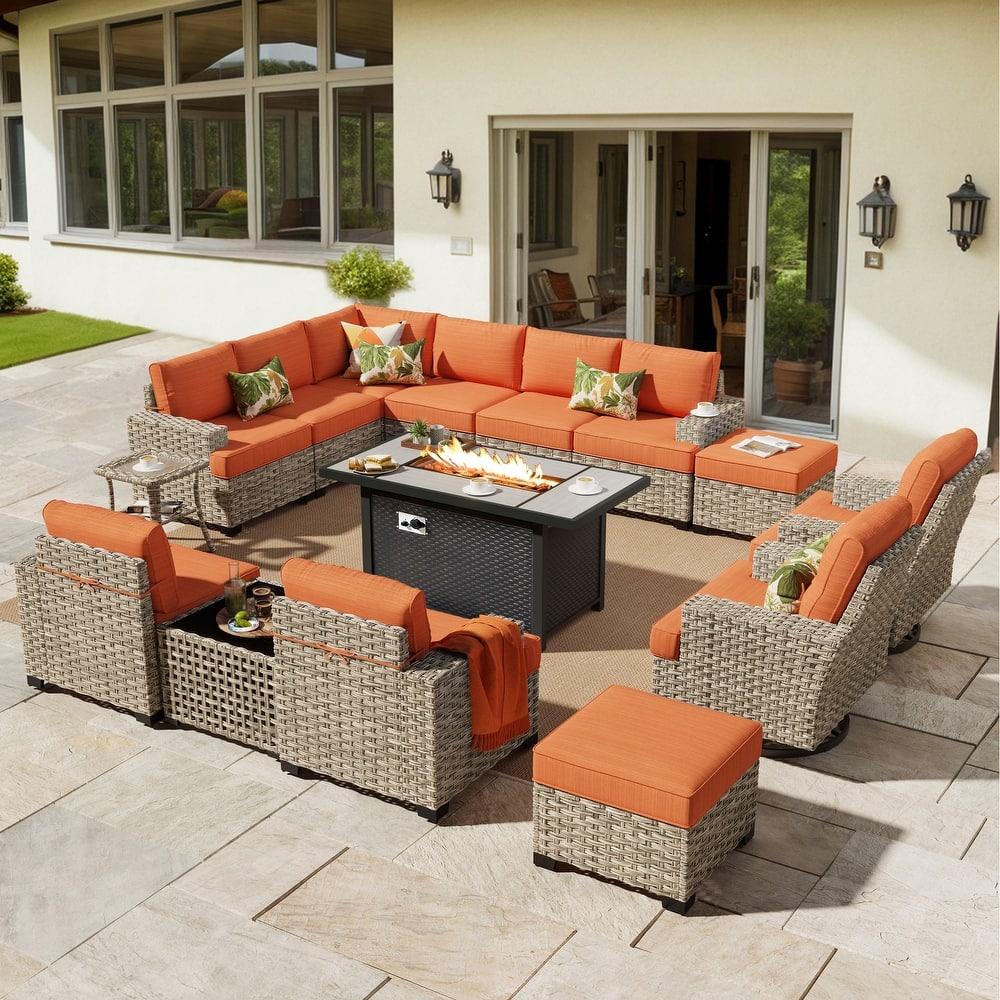 HOOOWOOO 15-piece Outdoor Sofa Patio Wicker Furniture Sectional Set with 54" Fire Pit Table