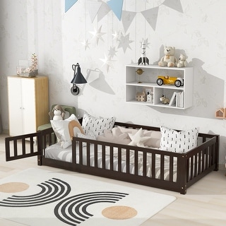 Toddler Floor Bed with Fence and Door, Montessori Platform Floorbed with Safety Guardrails for Children Boys Girls Kids Playroom