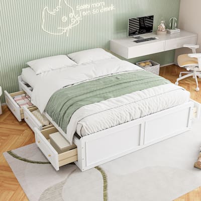 Queen Size Wooden Platform Bed Frame with 6 Drawers, Low Profile Storage Bed