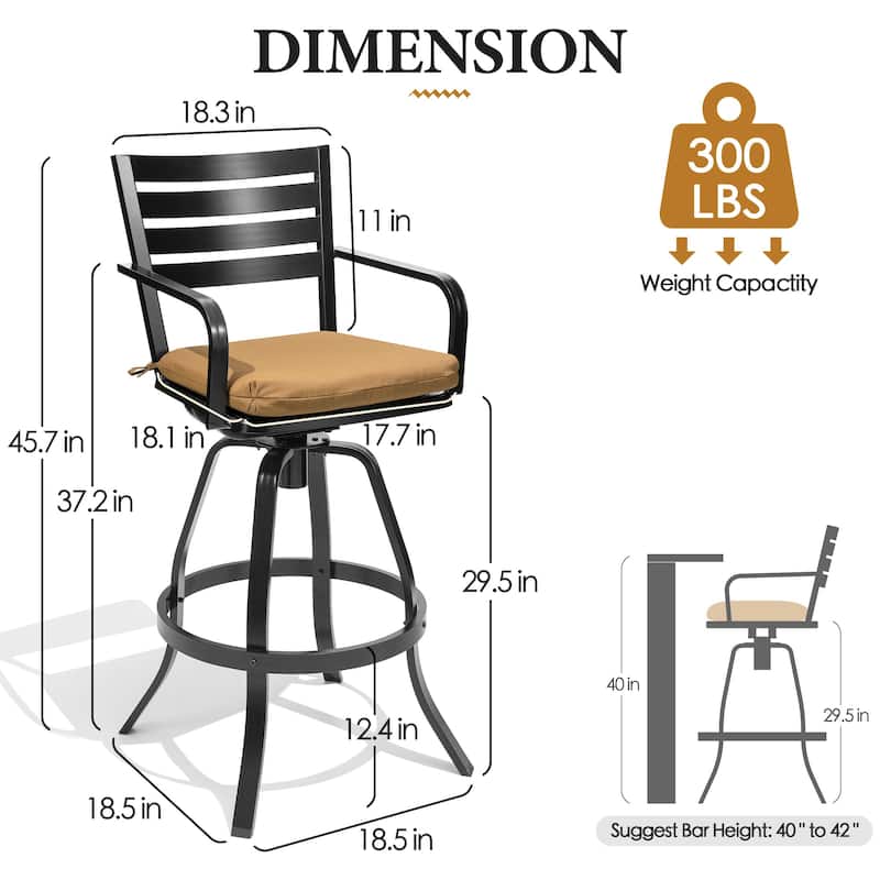 Outdoor Patio Aluminum Swivel Bar Stools Set with Sunbrella Cushion - 18.5 in L x 18.5 in W x 45.7 in H