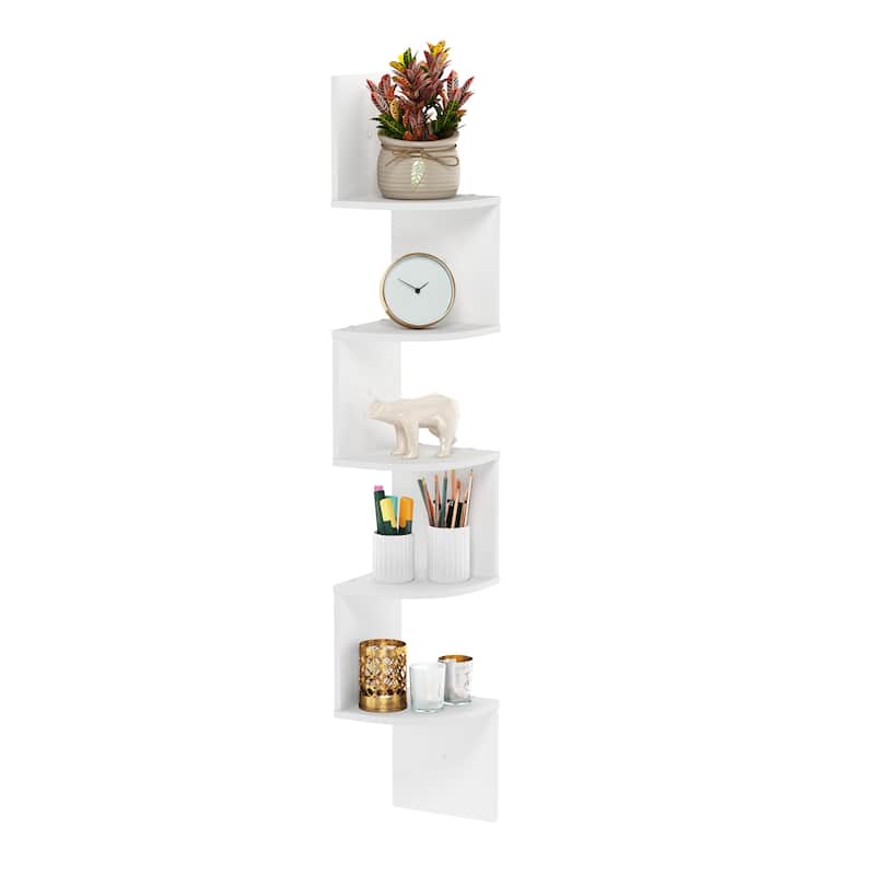 Furinno Rossi 5-Tier Wall Mount Floating Radial Corner Shelf, White