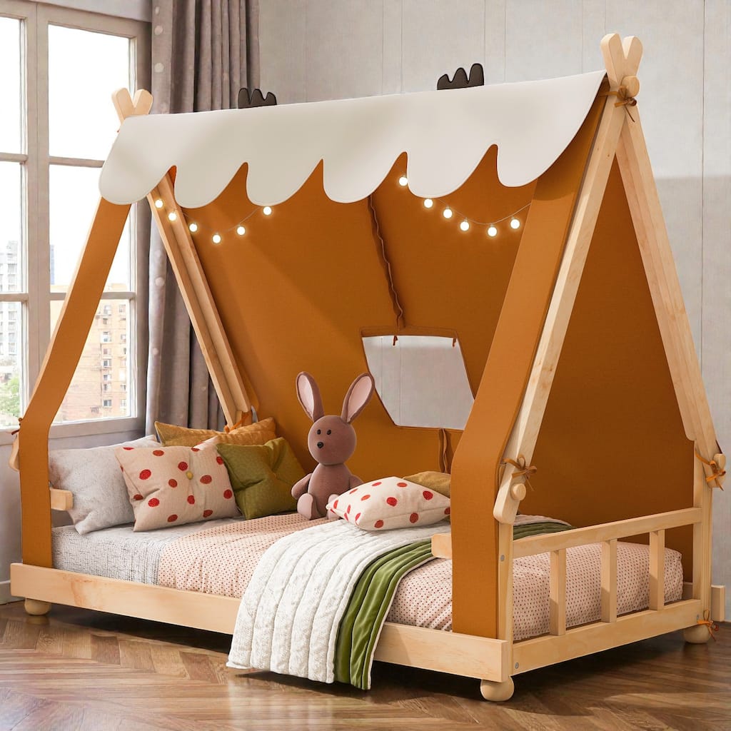 Twin/Full House Bed with Detachable Tent and Skylight, Kids Cabin Bed with Canopy, Light, and Forest-Themed Accents