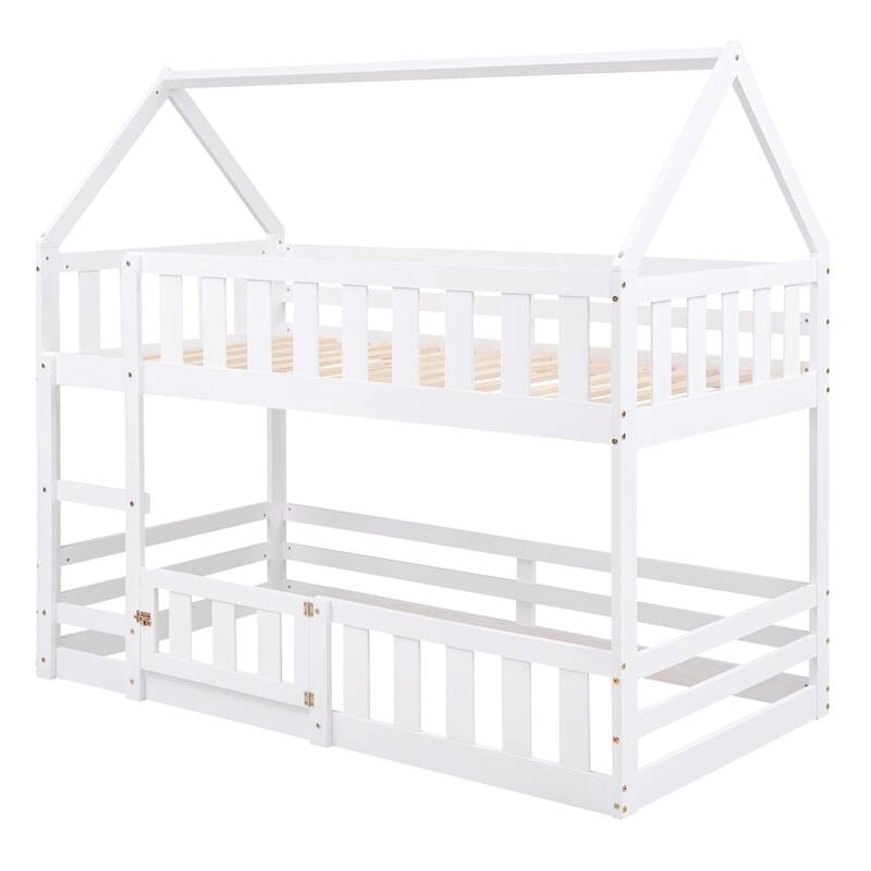 Twin over Twin House Bunk Bed with Fence and Door
