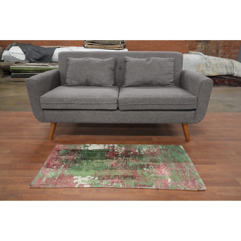 Hand Knotted Oriental Viscose Silk Carpet Modern All-Over Green Abstract Area Rug - 4' 0'' X 2' 0''