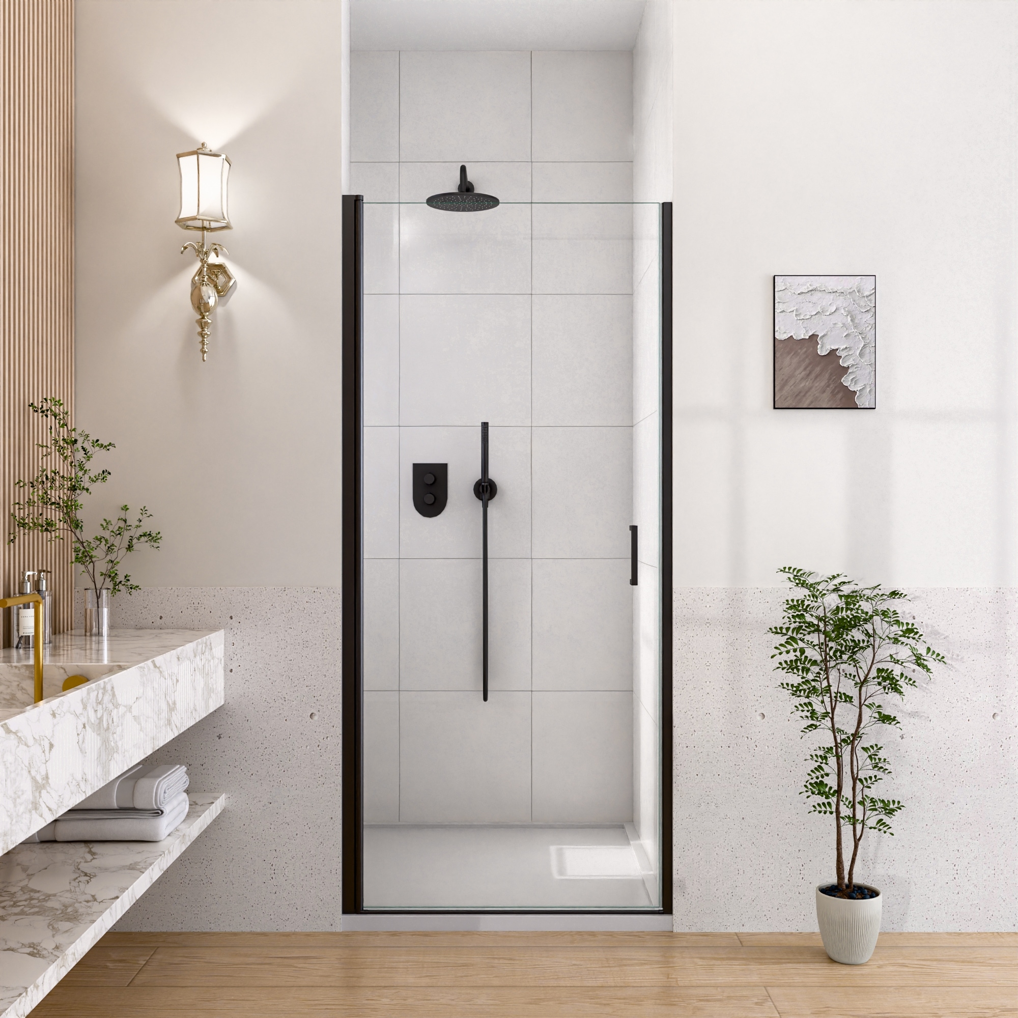 Semi-Frameless Tempered Glass Pivot Shower Door by GDFStudio
