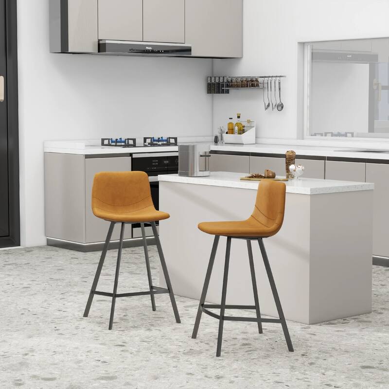 Elland Leather Bar Stool - Modern Counter Height Stool with Black Stainless Steel Legs for Kitchen Island or Home Bar Set of 2