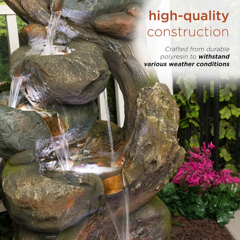 Cascading Rock and Tree Trunk Fountain with LED Lights