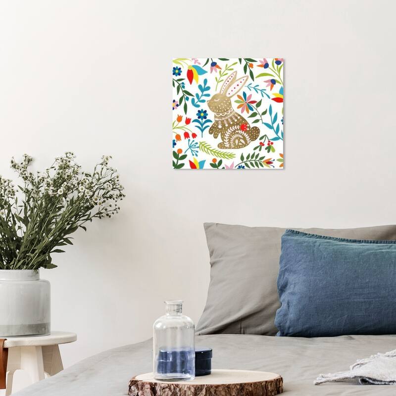 Wynwood Studio Canvas Animals Colorful Golden Bunny Gold and Metallic Gold Scandinavian Wall Art Canvas Print - Gold, Blue - 12 x 12