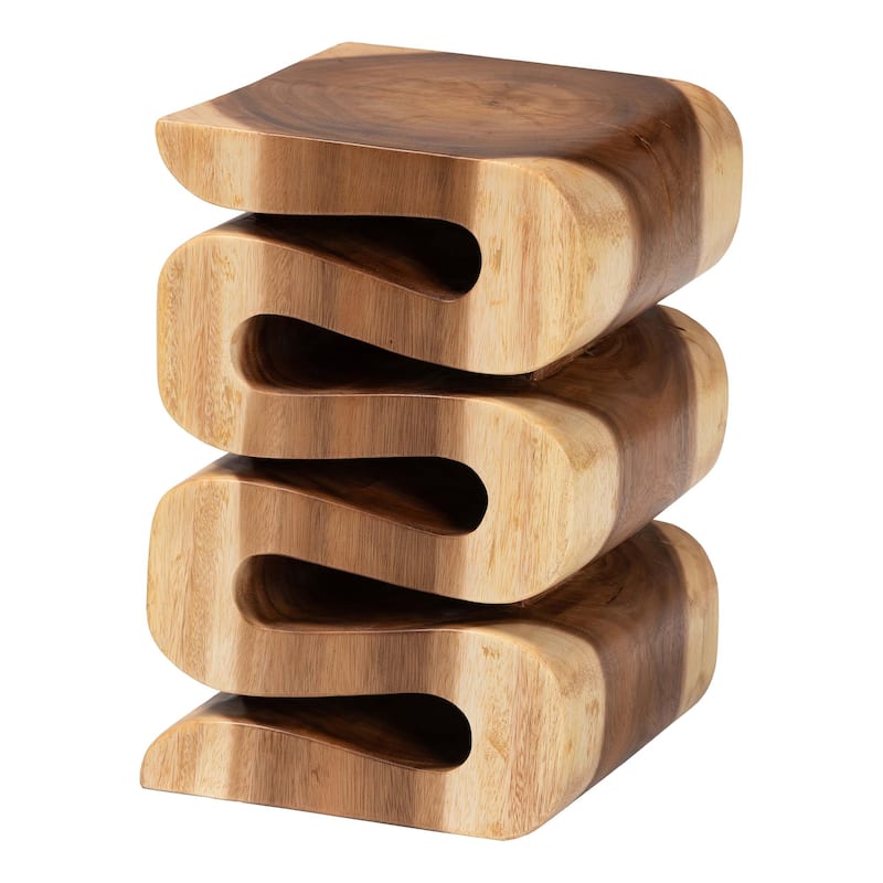 Eliada Hand-carved Suar Wood Side Table - Wavy Sculptural Accent Table, Modern Boho Style for Living Room or Bedroom - Natural Brown