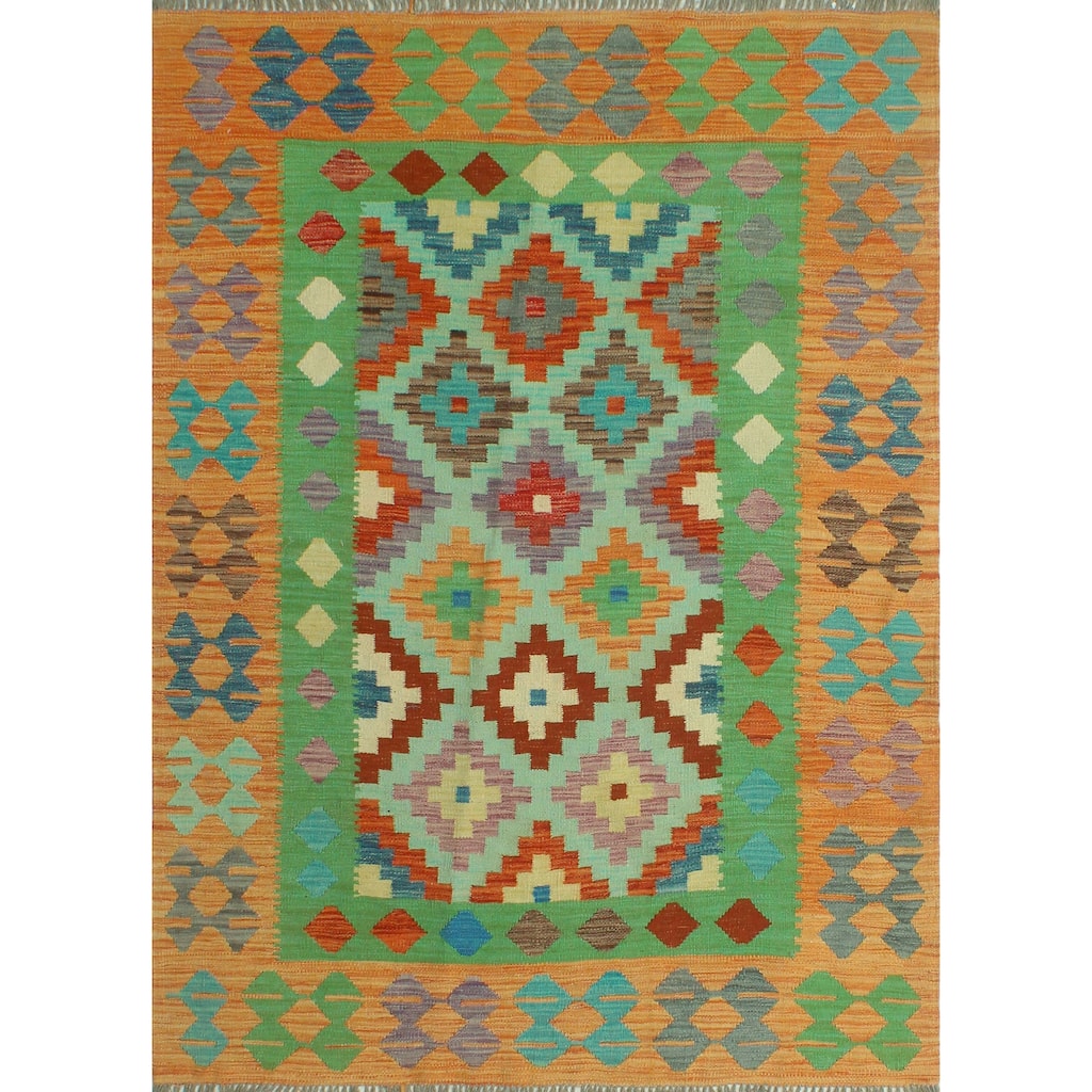 Sangat Flatweave Jamilia Orange/Green Rug - 4'10" x 6'6"