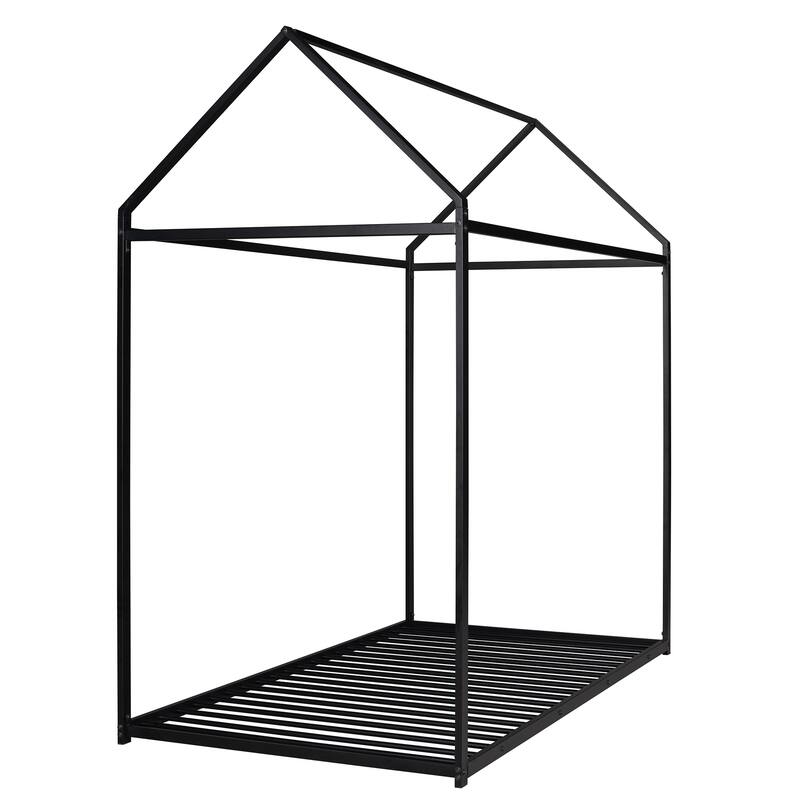 Twin Size Metal House Bed for Kids, Floor Bed Frame with Slats