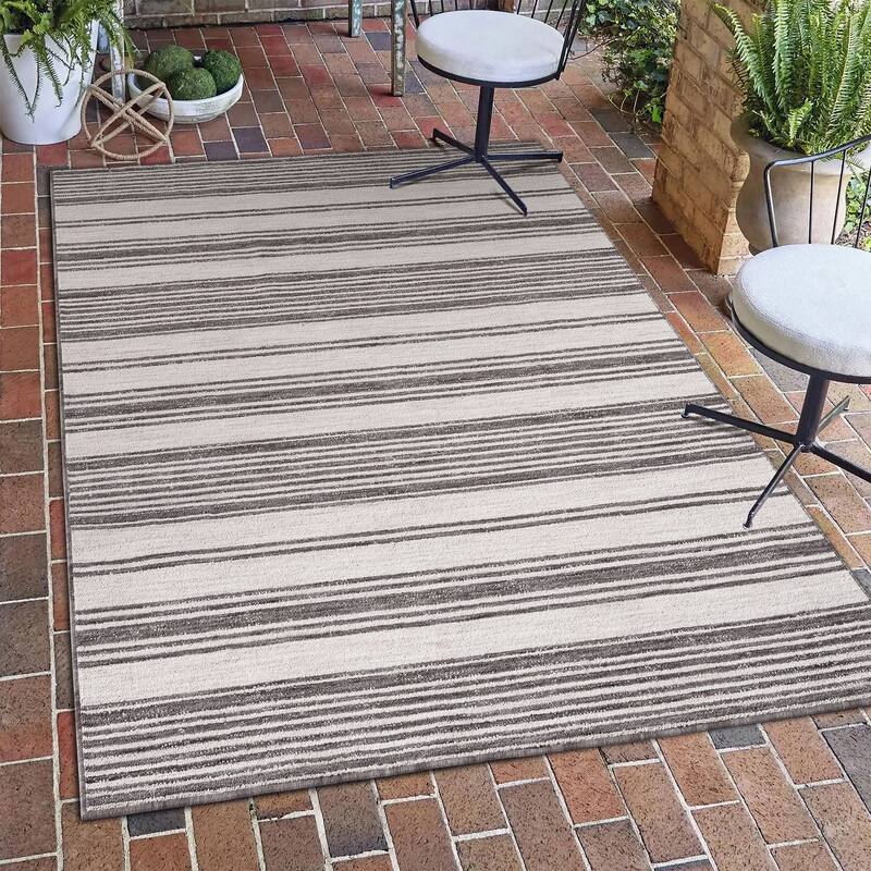 Sevita Ivory/Gray Striped PET Yarn Indoor/Outdoor Area Rug