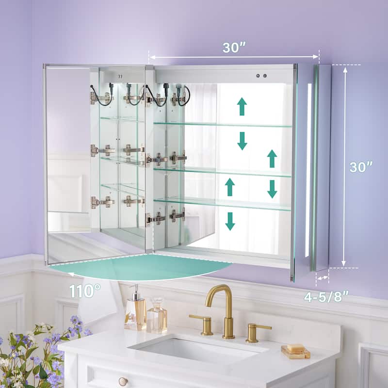 Recessed or Surface 30" H LED Mirror Cabinet with Adjustable Glass Shelves,Defogger, Dimmer And Outlets & USB Ports