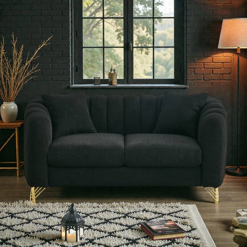 63" Chenille Loveseat Sofa, Modern Tufted 2-Seater Couch with Gold Metal Legs, Deep Plush Living Room Sofa for Apartments - Black