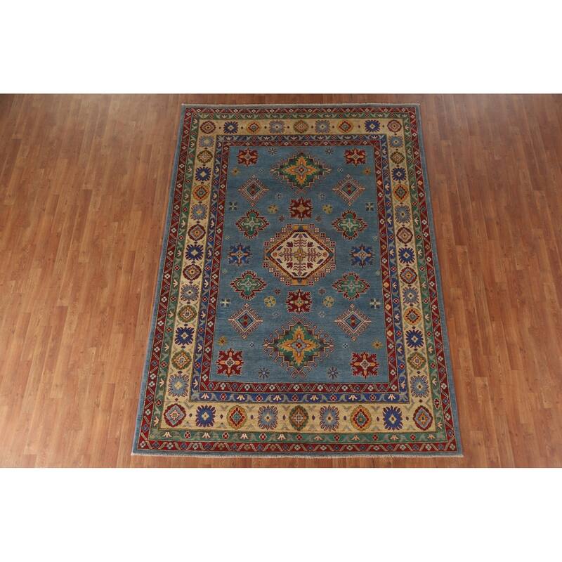 Hand Knotted Oriental 100% Wool Carpet Traditional Geometric Navy Blue & Blues Kazak Area Rug - 9' 6'' X 6' 8''