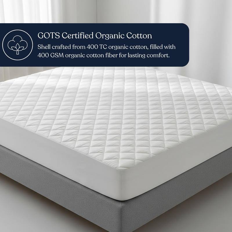 Delara 100% Organic Cotton Quilted Mattress Protector, GOTS Certified, Breathable, Ultra Soft 400 TC Long-Staple Cotton, White