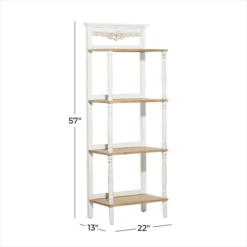 Wood Floral Intricately Carved 4 Shelves Shelving Unit - White - Roche River Decor