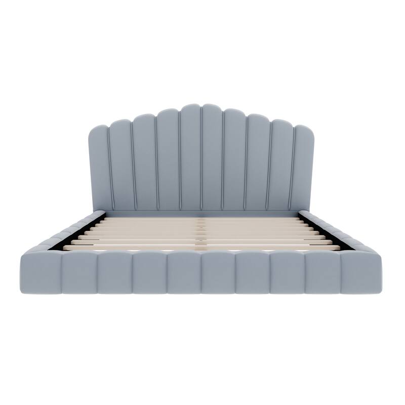 Roomfitters Queen Size Shell-Shaped Velvet Upholstered Platform Bed, Channel Tufted Headboard, No Box Spring Needed, Light Blue