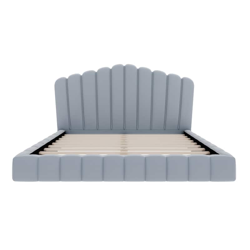 Velvet Upholstered Queen Bed Frame Floor Bed Shell-Shaped Headboard Wingback Frame Bed, No Box Spring Needed