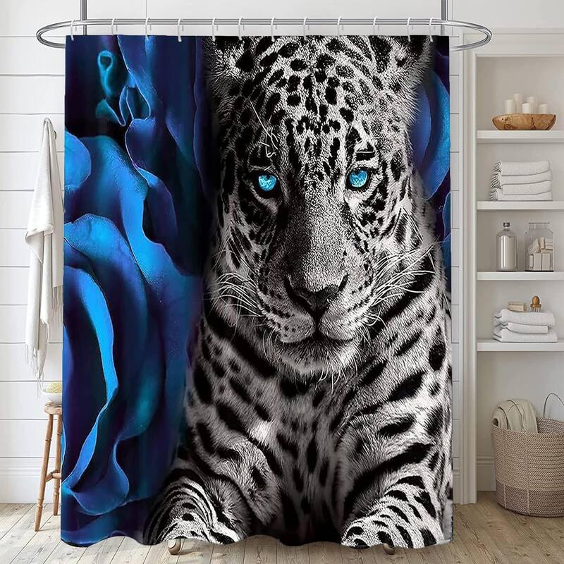 Blue Rose and Leopard Shower Curtain Bathroom Set, 72" x 72"