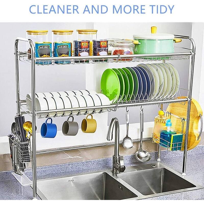2-Tier Stainless Steel Dish Rack Plate Bowl Dish Drainer, Silver