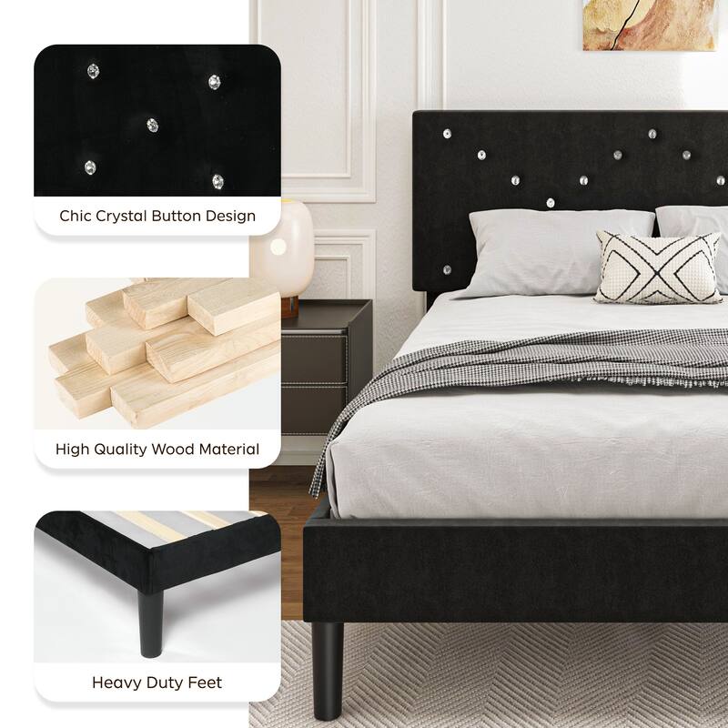 Upholstered Platform Bed, Twin Size, Black with Padded Headboard & Heavy-Duty Metal Frame - Black - Full