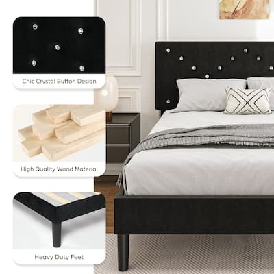 Upholstered Platform Bed, Twin Size, Black with Padded Headboard & Heavy-Duty Metal Frame