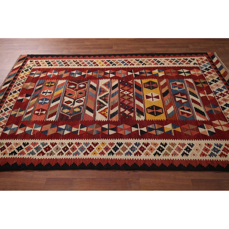 Vegetable Dye Red Kilim Qashqai Persian Vintage Hand-Woven Wool Carpet - 5'0"x 8'1"