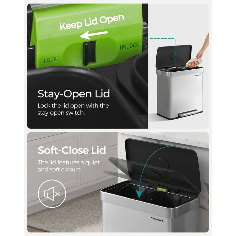 Kitchen Trash Can, 16 Gal. (2 x 8 Gal.) Dual Compartment Garbage Can