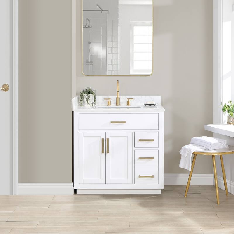 Altair Gavino Bath Vanity with Grain White Composite Stone Top, no Mirror - 36 inch - White + Brushed Gold