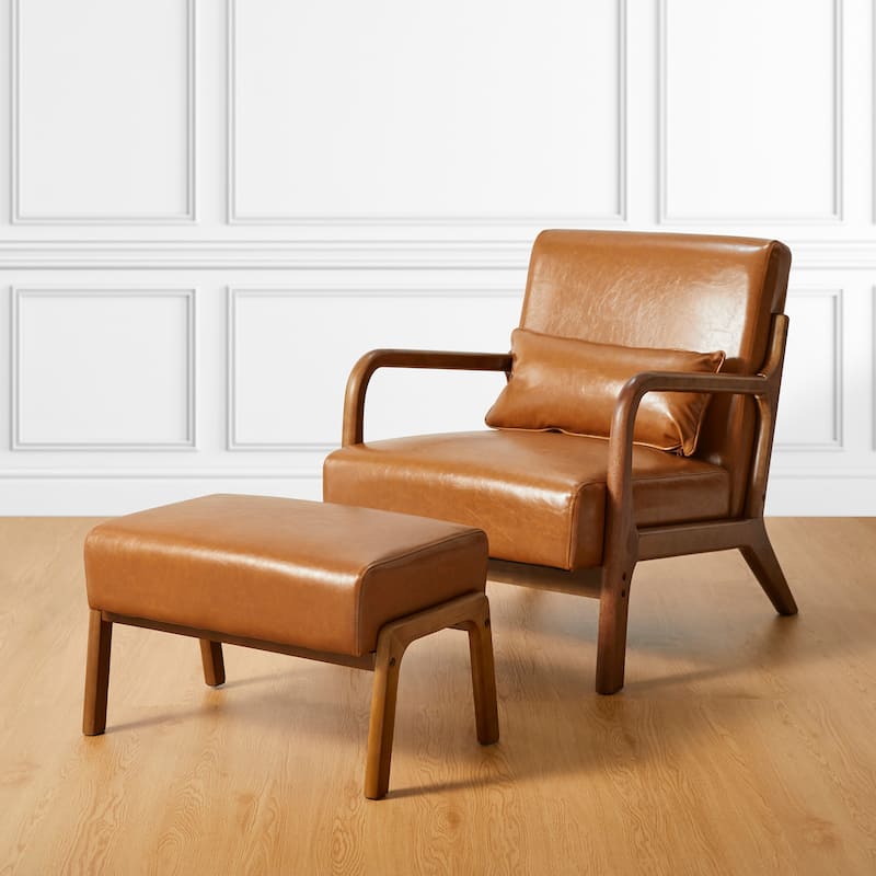 Glitzhome 30.75"H Mid-Century PU Leather Armchair with Ottoman Set