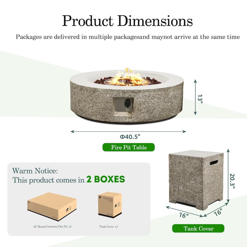 Patio Watcher 42in. Outdoor Round Magnesium Oxide Fire Pit Table with Gas Tank Cover