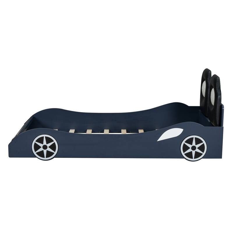Blue Twin Size Race Car-Shaped Wooden Platform Bed with LED and Upholstered Backrest