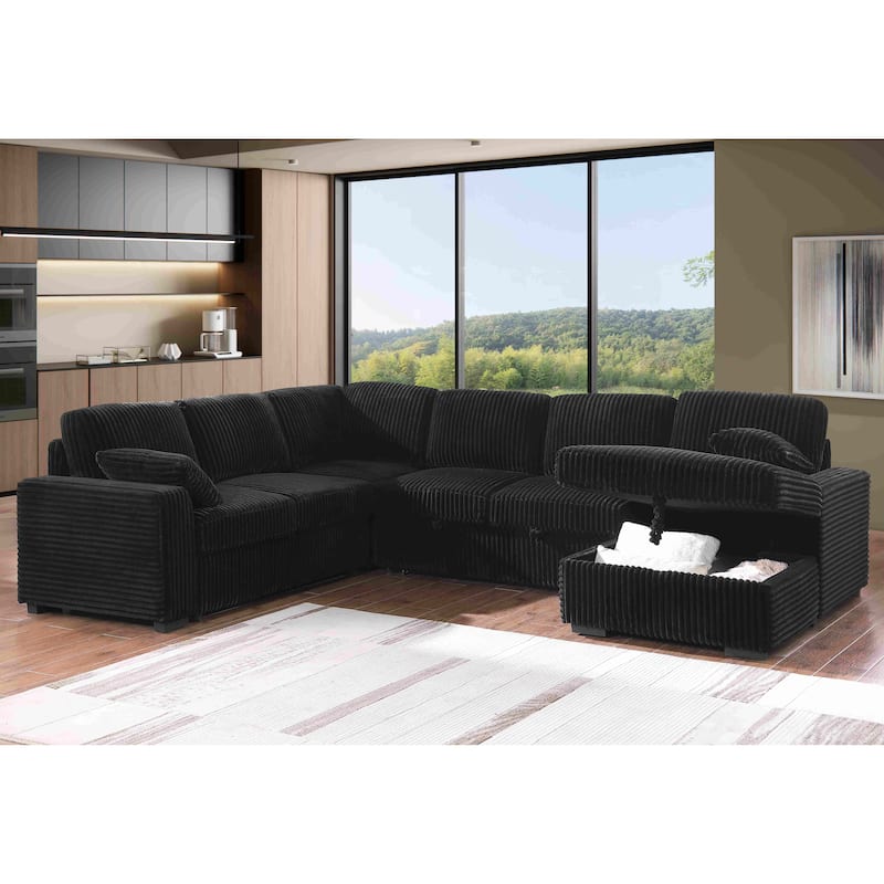 Modern Corduroy Sectional With Storage Chaise Lounge - Black