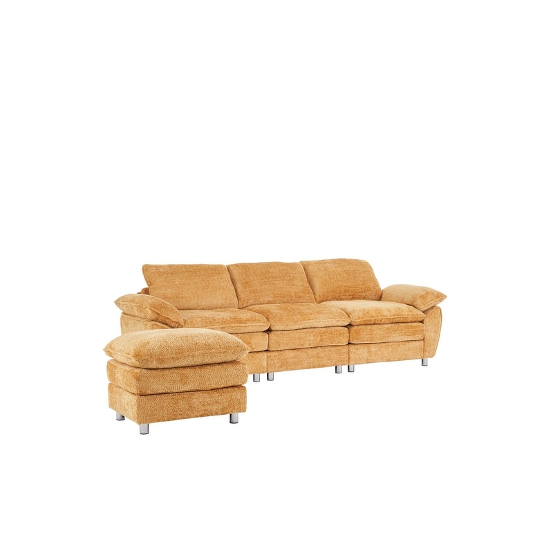 Modern Upholstered Living Room L Shaped Sofa,Comfy Sofa Couch with Ottoman and Pillow Arms