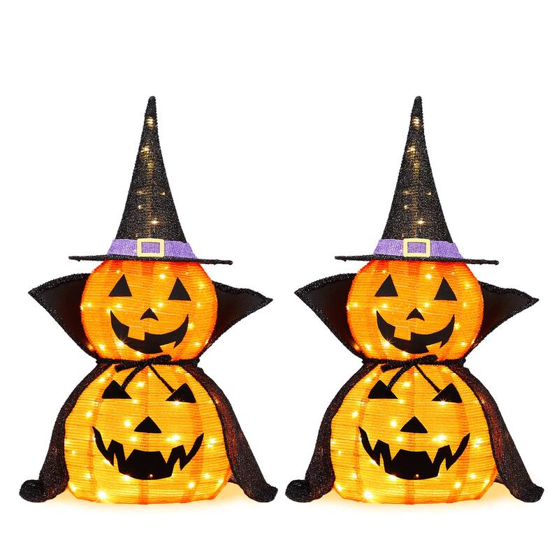 2-Pack 3 Feet Halloween Pumpkin Decorations with 176 Warm LED Lights for Indoor or Outdoor Use - 12"Dia x 36"H
