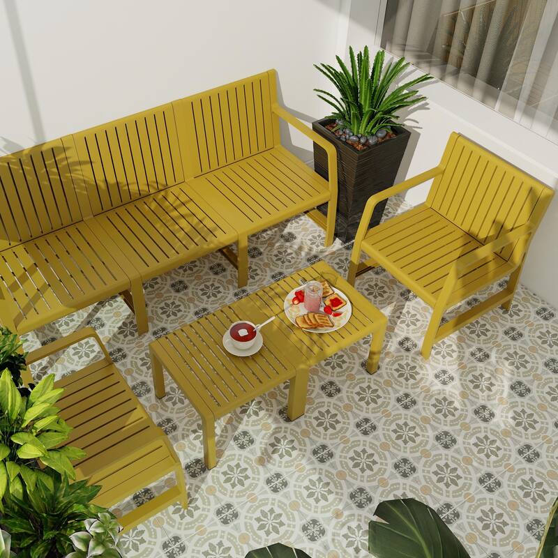 Space-Saving Patio Furniture Set with UV-Resistant Fabric - Yellow - 3-Seater Sofa + 2 Chairs + 2 Tables