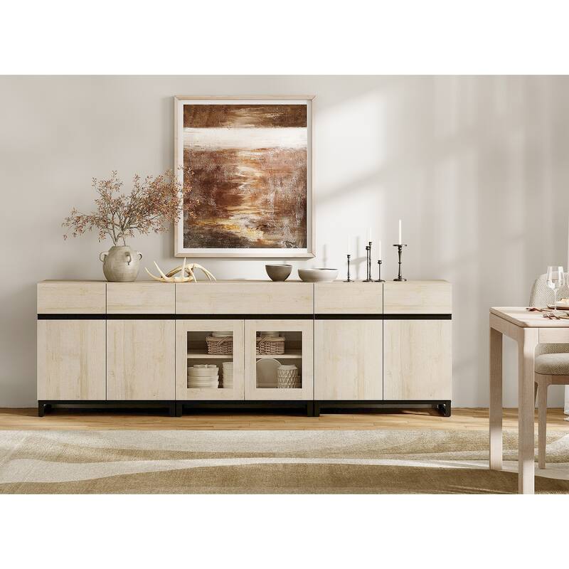 WAMPAT Modern Sideboard with Adjustable Shelves and Drawer, 3 in 1 Storage Cabinet with Glass Doors for Living Room, Kitchen