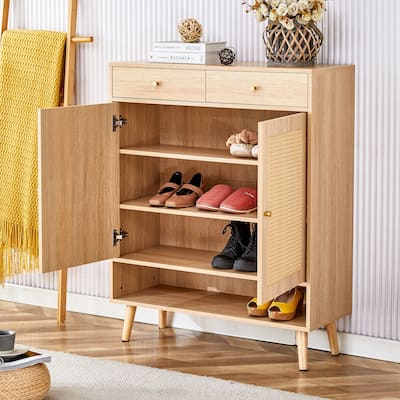 Double Door Rattan Shoe Cabinet, Multi-Functional Hallway Shoe Cabinet, Accent Cabinet with 2 Top Drawers & Open Shelf