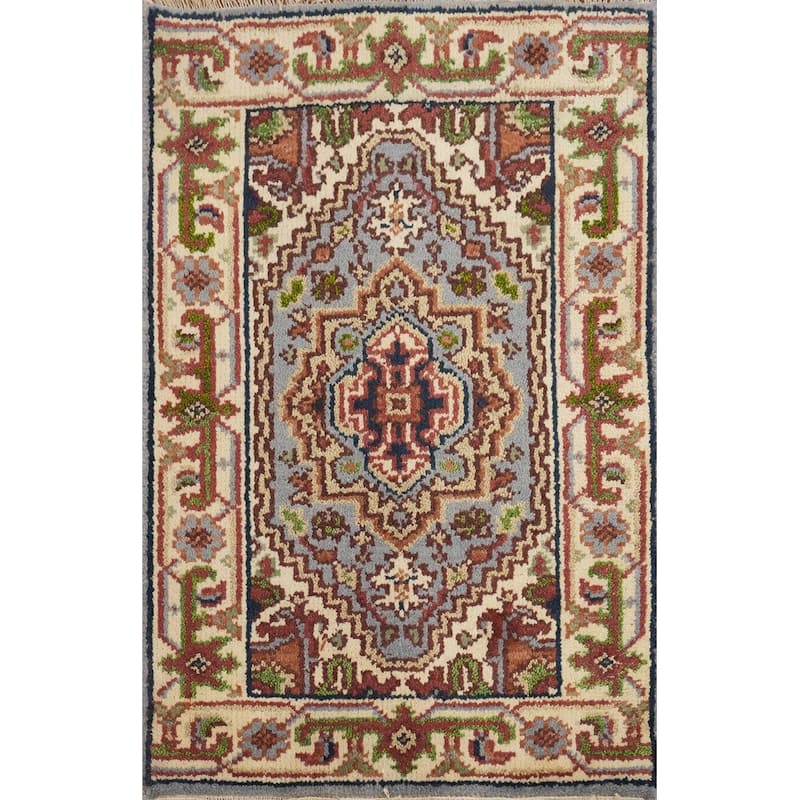 Hand Knotted Oriental 100% Wool Carpet Traditional Medallion Navy Blue & Blues Heriz (serapi) Area Rug - 3' 0'' X 2' 0''
