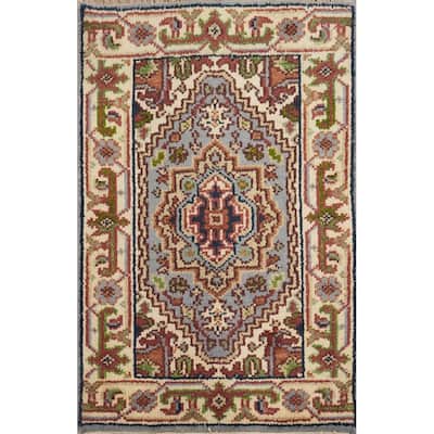 Hand Knotted Oriental 100% Wool Carpet Traditional Medallion Navy Blue & Blues Heriz (serapi) Area Rug - 3' 0'' X 2' 0''